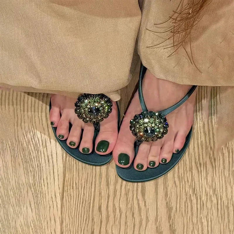 Luxury CRYSTAL Flower Decoration Clip Toe Slippers Slide Sandals Elegant Banquet Thin High Heel
