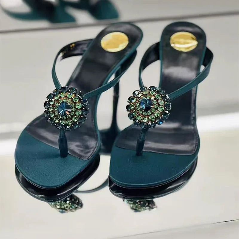 Luxury CRYSTAL Flower Decoration Clip Toe Slippers Slide Sandals Elegant Banquet Thin High Heel