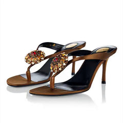 Luxury CRYSTAL Flower Decoration Clip Toe Slippers Slide Sandals Elegant Banquet Thin High Heel