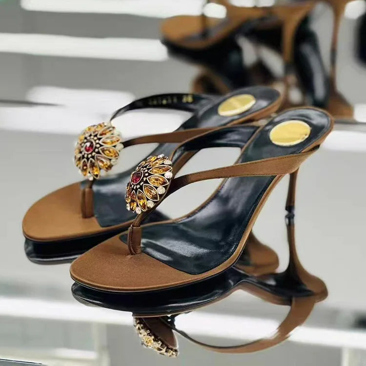 Luxury CRYSTAL Flower Decoration Clip Toe Slippers Slide Sandals Elegant Banquet Thin High Heel