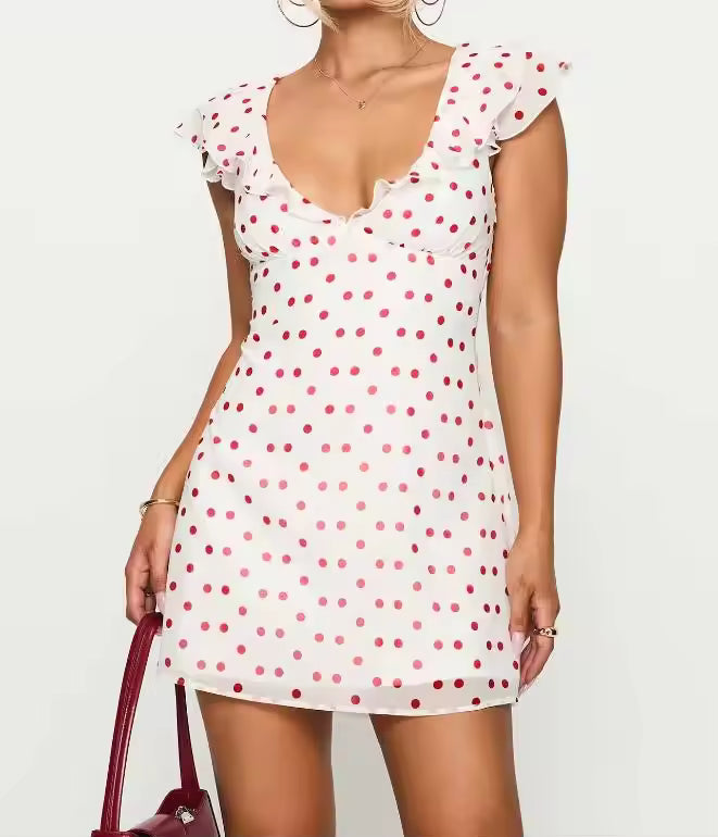 Luxury Casual Dot Print Lace Slim V Neck Flying Sleeve A-line Daily Party Club Mini Dress
