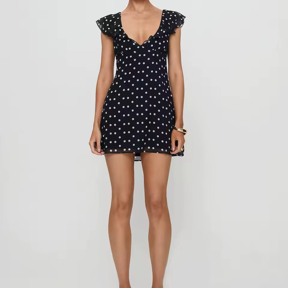 Luxury Casual Dot Print Lace Slim V Neck Flying Sleeve A-line Daily Party Club Mini Dress