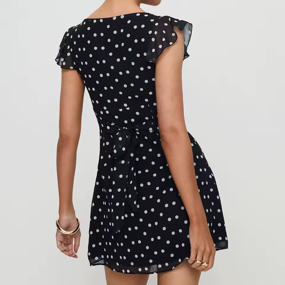 Luxury Casual Dot Print Lace Slim V Neck Flying Sleeve A-line Daily Party Club Mini Dress