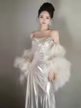 Luxury Chic Satin Spaghetti Strap Square Collar Faux Fur Cape Dresses