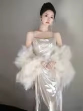 Luxury Chic Satin Spaghetti Strap Square Collar Faux Fur Cape Dresses