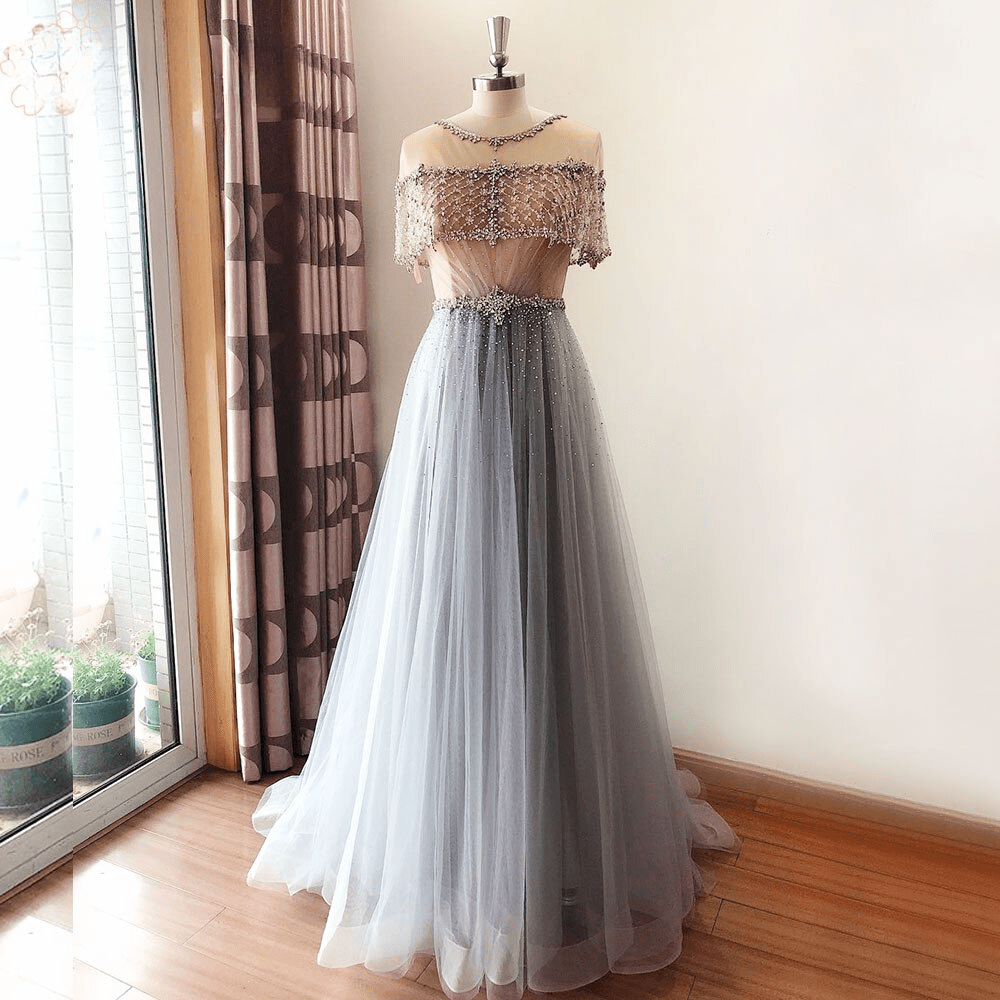 O-Neck Crystal Handmade Aline Sequin Long Formal Wedding Prom Party Gowns