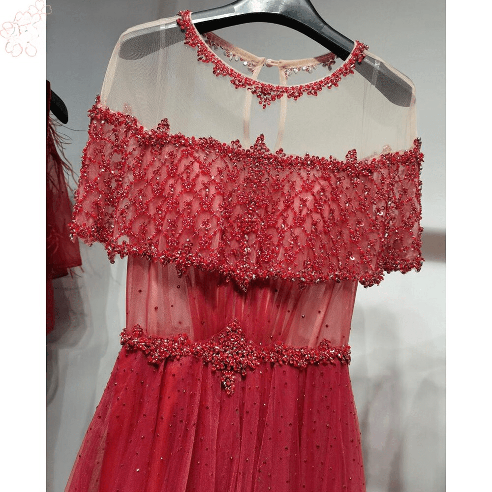 O-Neck Crystal Handmade Aline Sequin Long Formal Wedding Prom Party Gowns
