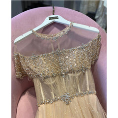 O-Neck Crystal Handmade Aline Sequin Long Formal Wedding Prom Party Gowns