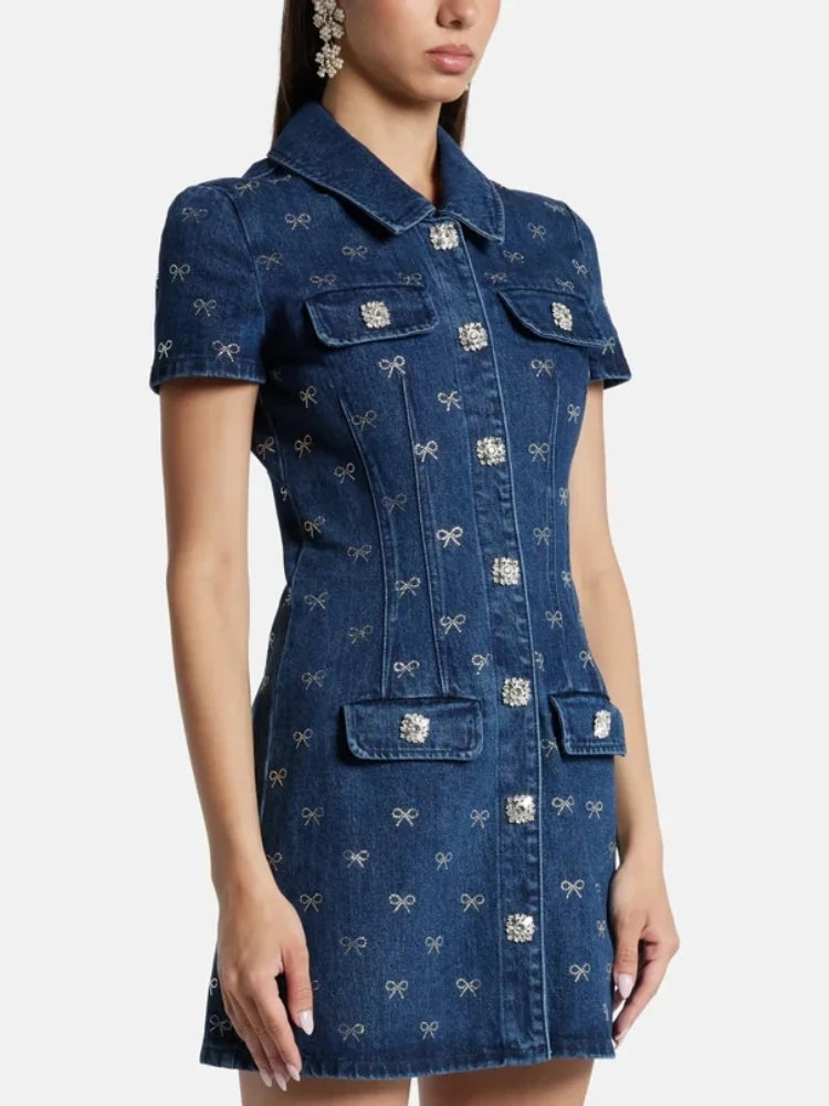 Luxury Denim Short Sleeved Turn-down Collar Mini diamond Dress