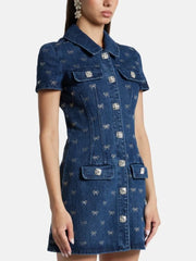 Luxury Denim Short Sleeved Turn-down Collar Mini diamond Dress