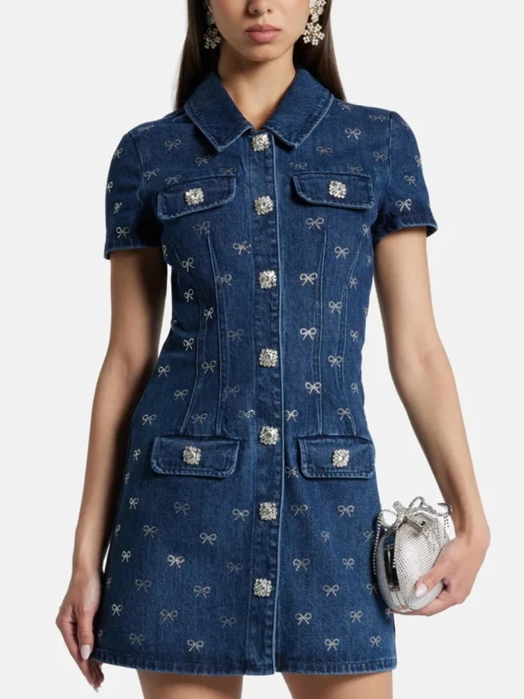 Luxury Denim Short Sleeved Turn-down Collar Mini diamond Dress