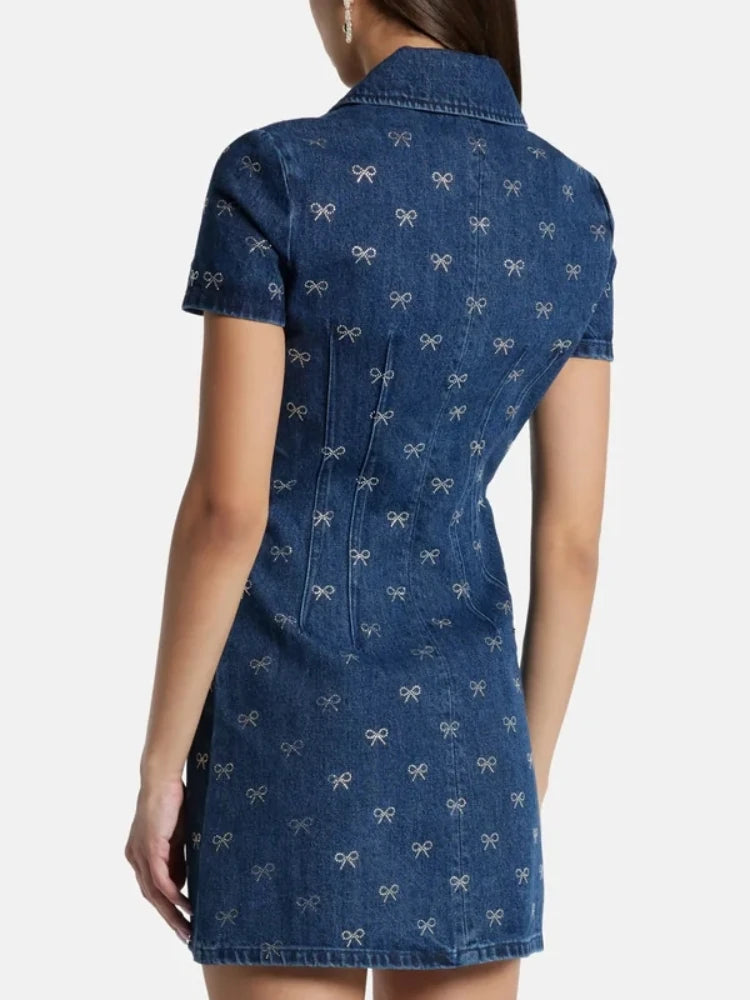 Luxury Denim Short Sleeved Turn-down Collar Mini diamond Dress