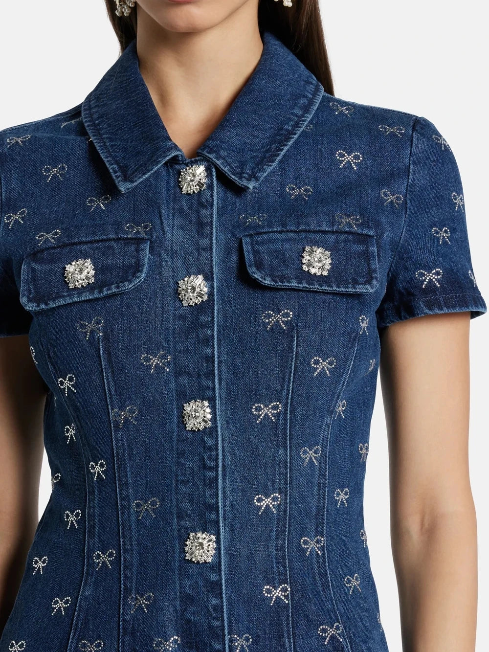 Luxury Denim Short Sleeved Turn-down Collar Mini diamond Dress