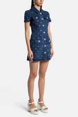 Luxury Denim Short Sleeved Turn-down Collar Mini diamond Dress