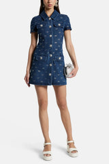 Luxury Denim Short Sleeved Turn-down Collar Mini diamond Dress