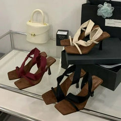 Luxury Designer High-heeled Mules with A Wrap-around Strap Square Toe Open-toe Slender Heel