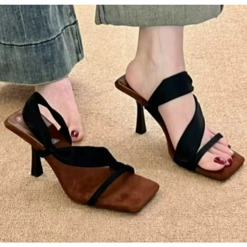 Luxury Designer High-heeled Mules with A Wrap-around Strap Square Toe Open-toe Slender Heel