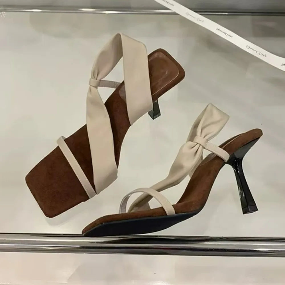 Luxury Designer High-heeled Mules with A Wrap-around Strap Square Toe Open-toe Slender Heel