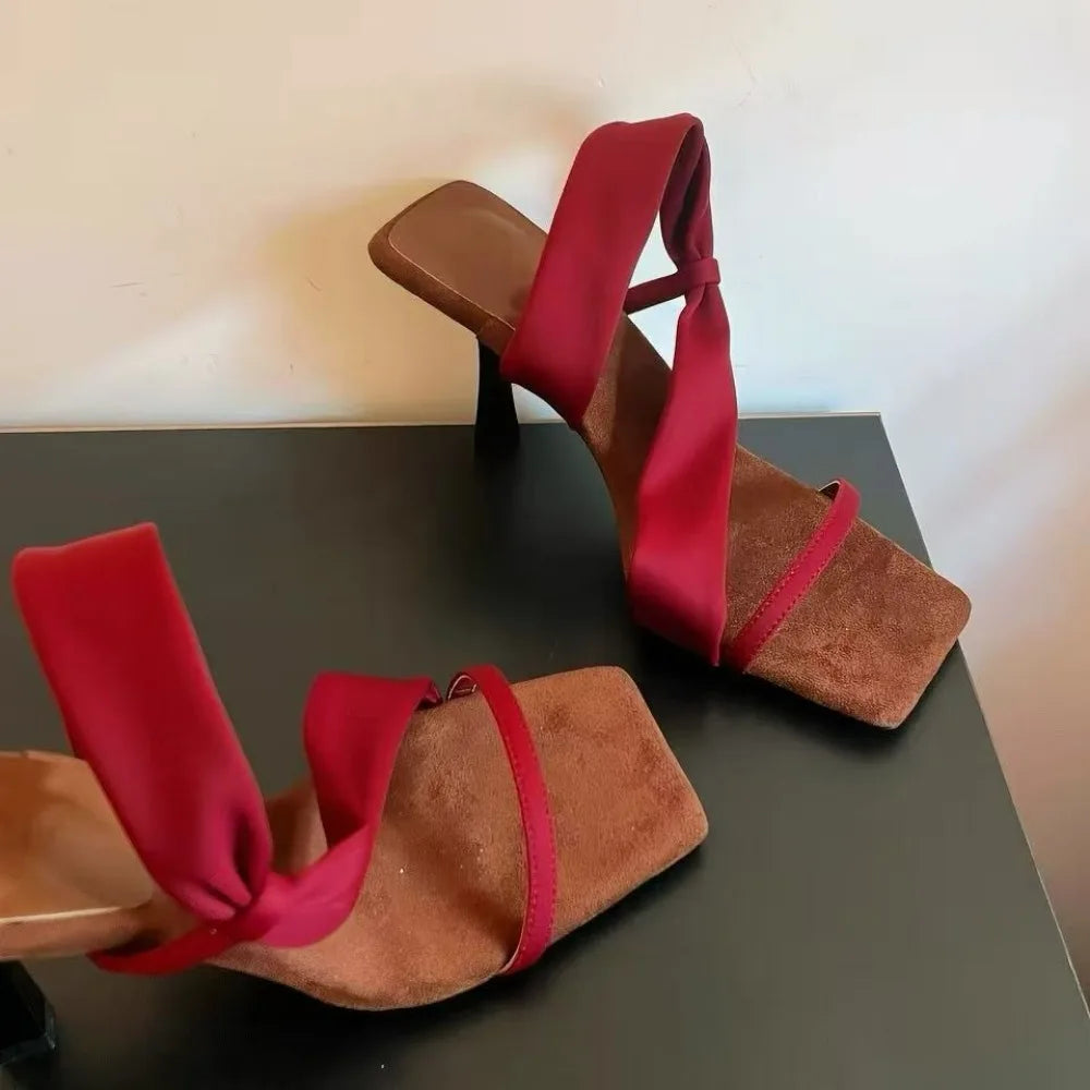 Luxury Designer High-heeled Mules with A Wrap-around Strap Square Toe Open-toe Slender Heel
