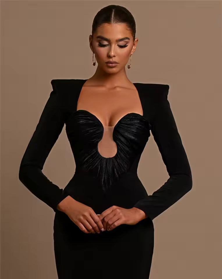 Luxury Designer Long Sleeve Square Deep Collar Soft Comfortable Party Maxi Dress