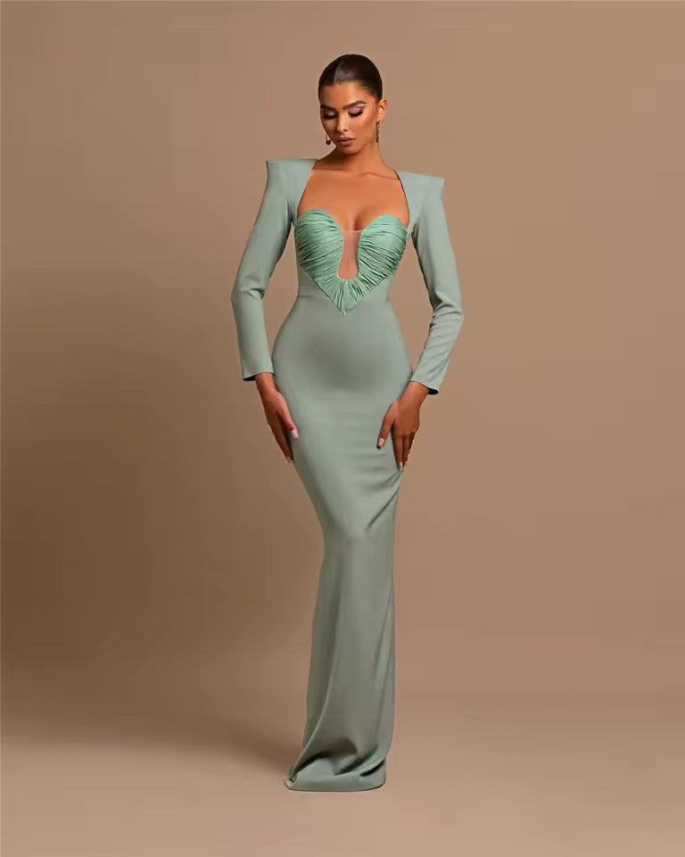 Luxury Designer Long Sleeve Square Deep Collar Soft Comfortable Party Maxi Dress