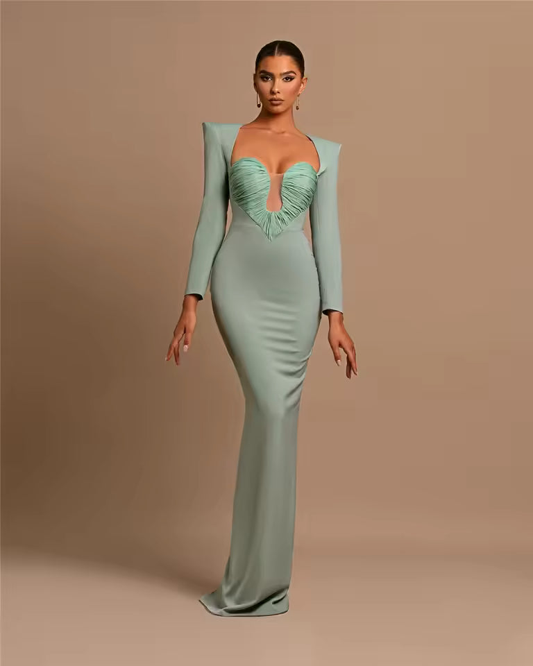 Luxury Designer Long Sleeve Square Deep Collar Soft Comfortable Party Maxi Dress