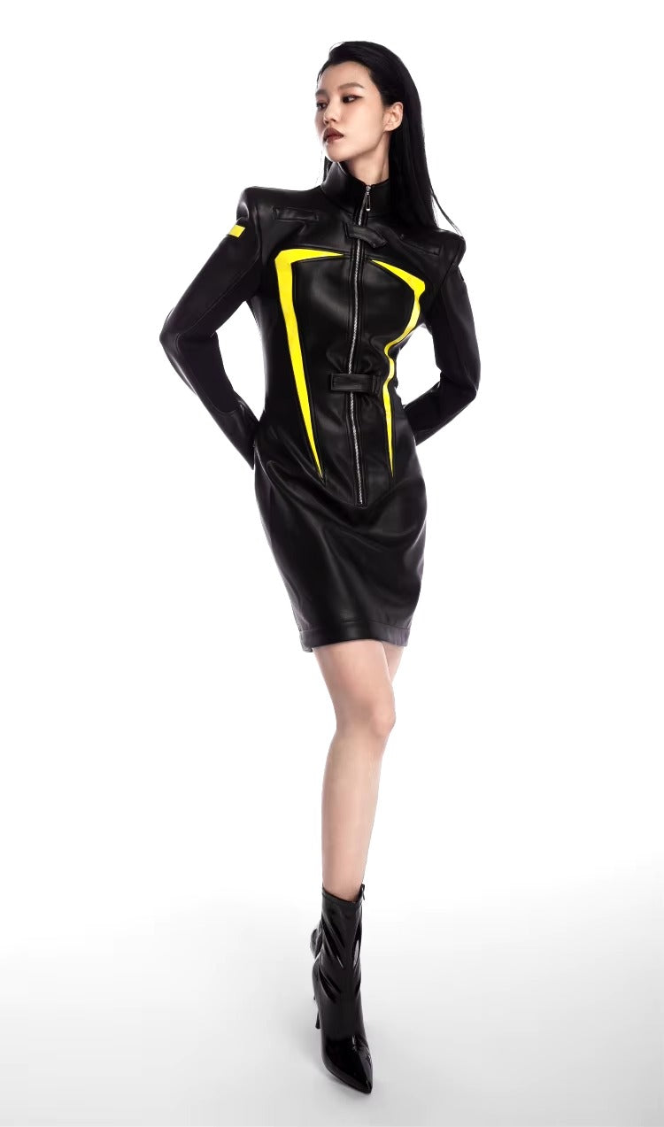 Luxury Designer Patchwork Full Sleeve Faux Leather High Street Mini Dress