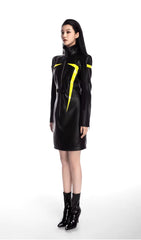 Luxury Designer Patchwork Full Sleeve Faux Leather High Street Mini Dress