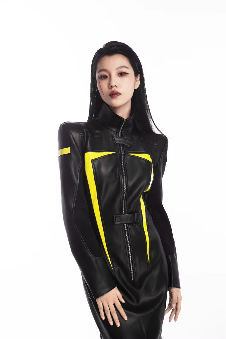 Luxury Designer Patchwork Full Sleeve Faux Leather High Street Mini Dress