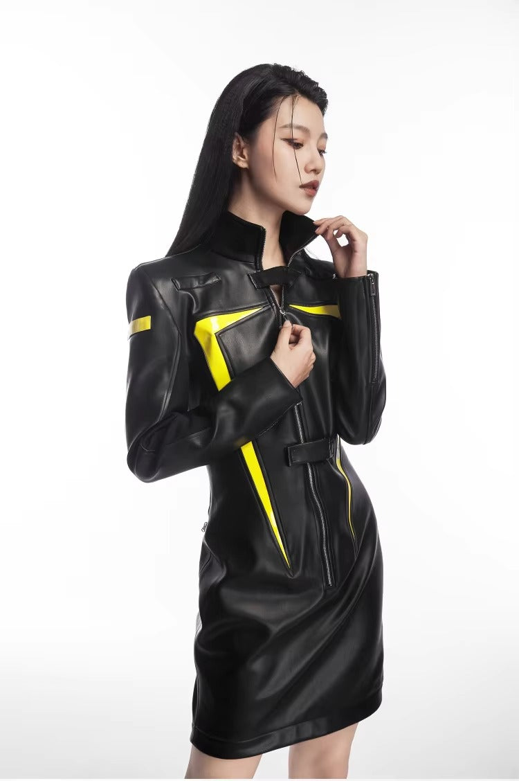 Luxury Designer Patchwork Full Sleeve Faux Leather High Street Mini Dress