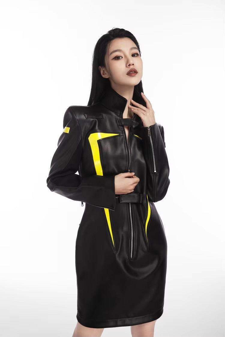 Luxury Designer Patchwork Full Sleeve Faux Leather High Street Mini Dress