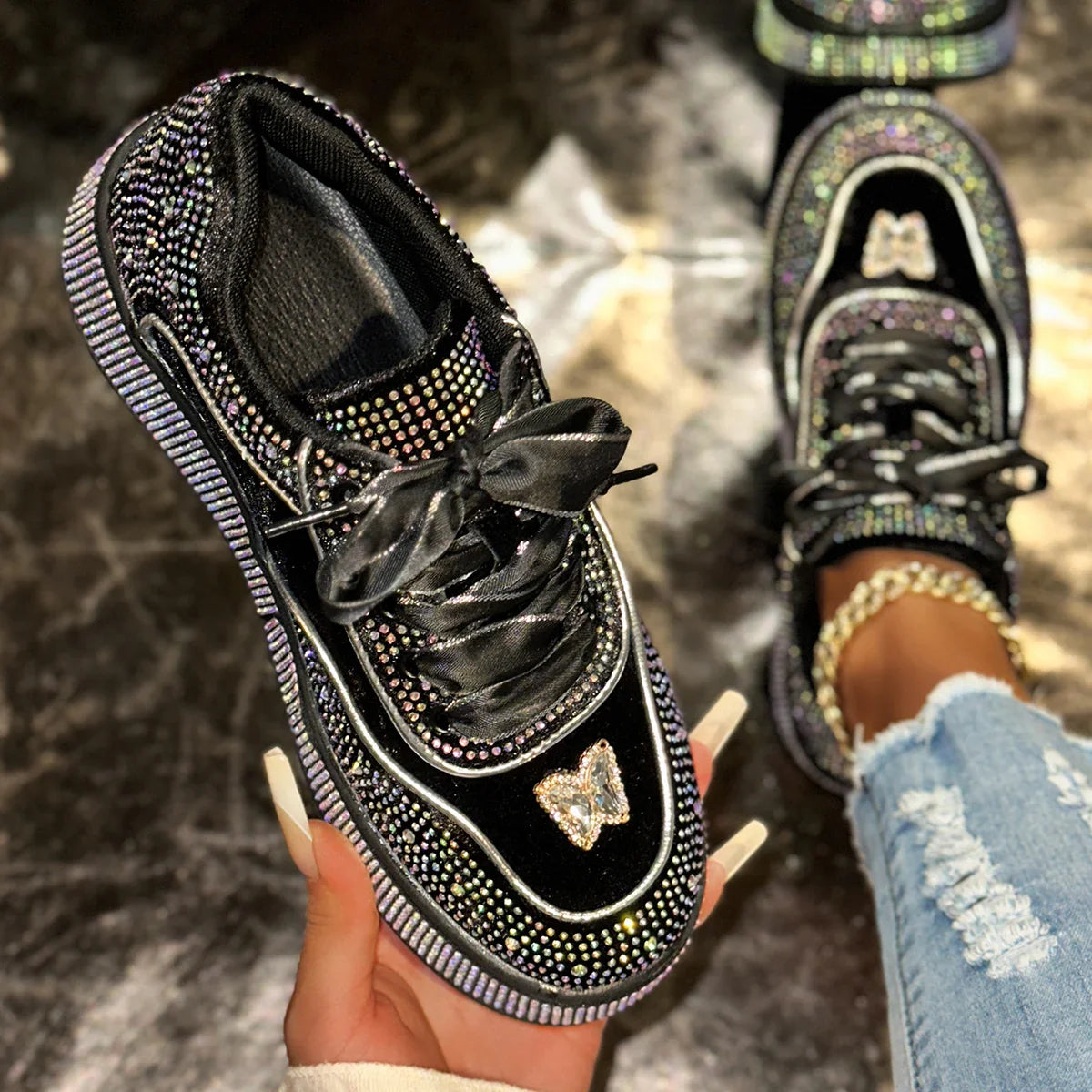 Luxury Designer Sneakers Outdoor Platform Female Sneakers Luxury Rhinestone Ladies Shoes