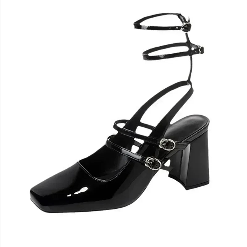 Luxury Designer Sandals Ankle Strap Buckle Square Toe Chunky High Heel