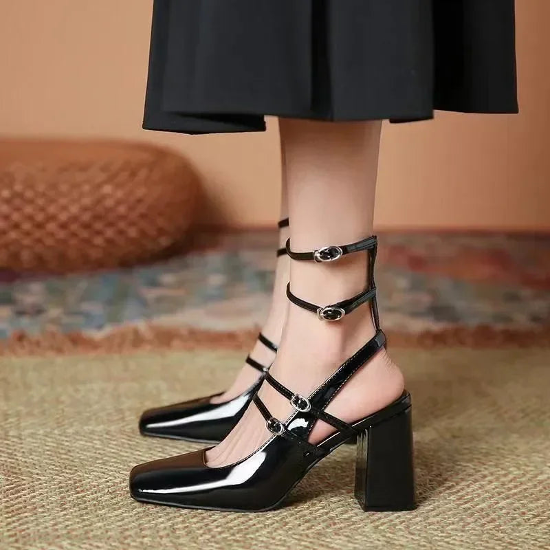 Luxury Designer Sandals Ankle Strap Buckle Square Toe Chunky High Heel