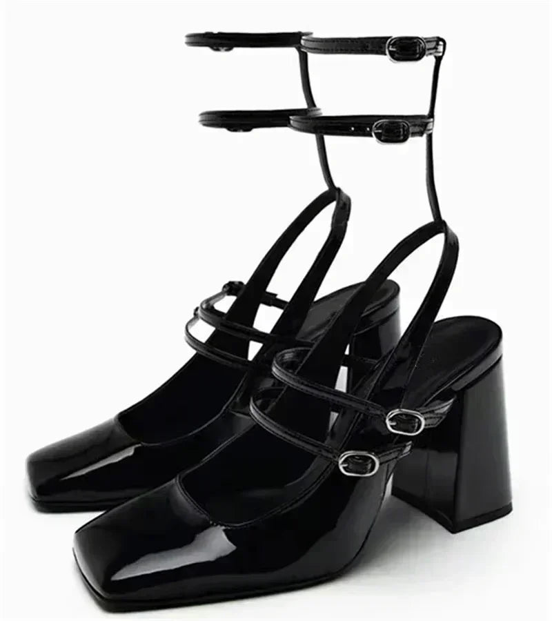 Luxury Designer Sandals Ankle Strap Buckle Square Toe Chunky High Heel