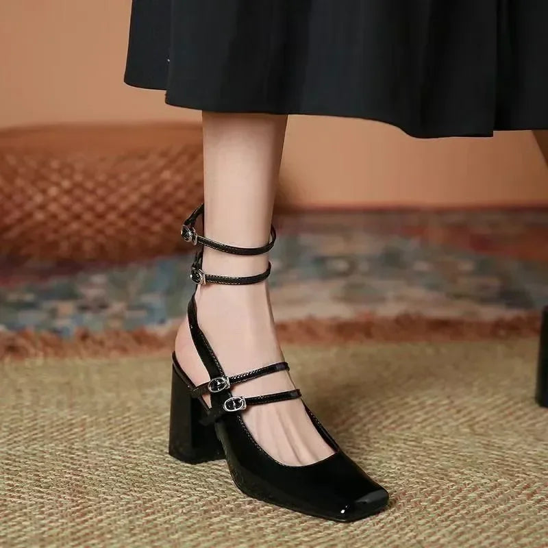 Luxury Designer Sandals Ankle Strap Buckle Square Toe Chunky High Heel