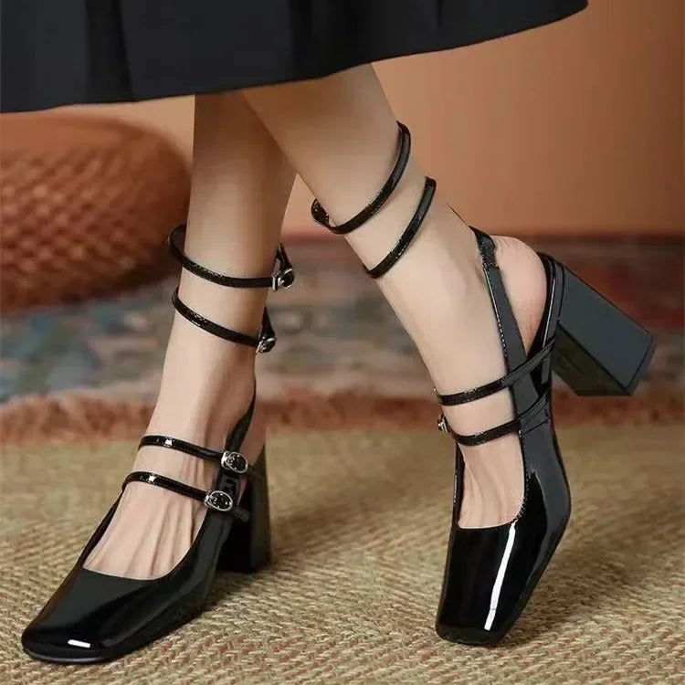 Luxury Designer Sandals Ankle Strap Buckle Square Toe Chunky High Heel