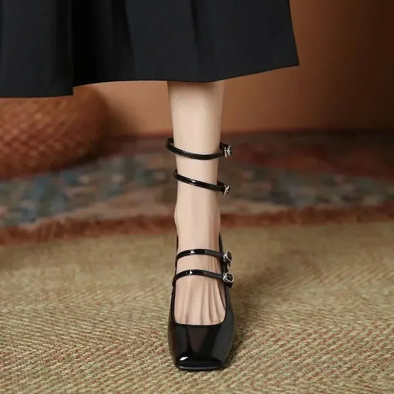 Luxury Designer Sandals Ankle Strap Buckle Square Toe Chunky High Heel