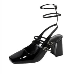 Luxury Designer Sandals Ankle Strap Buckle Square Toe Chunky High Heel