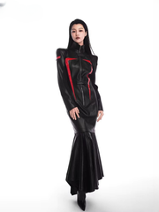 Luxury Designer stand Collar Patchwork Full Sleeve Leather Maxi Dress