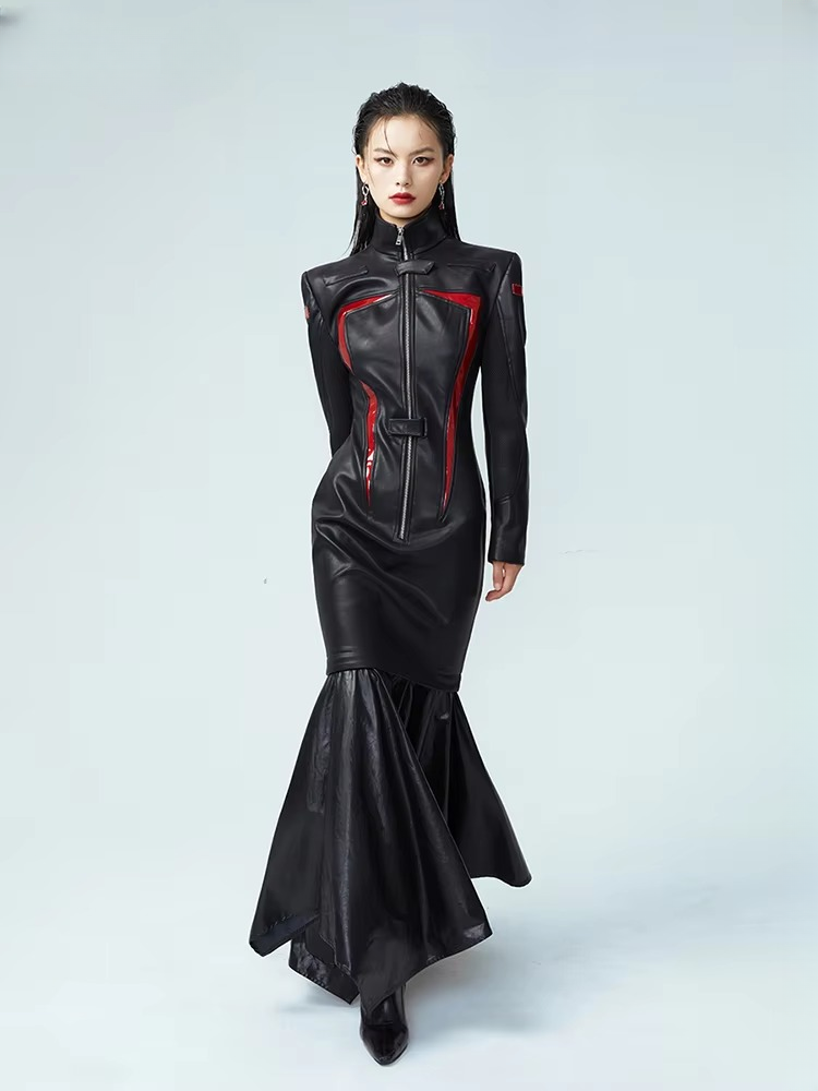 Luxury Designer stand Collar Patchwork Full Sleeve Leather Maxi Dress
