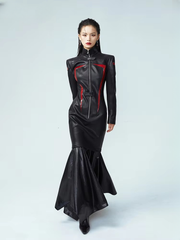 Luxury Designer stand Collar Patchwork Full Sleeve Leather Maxi Dress