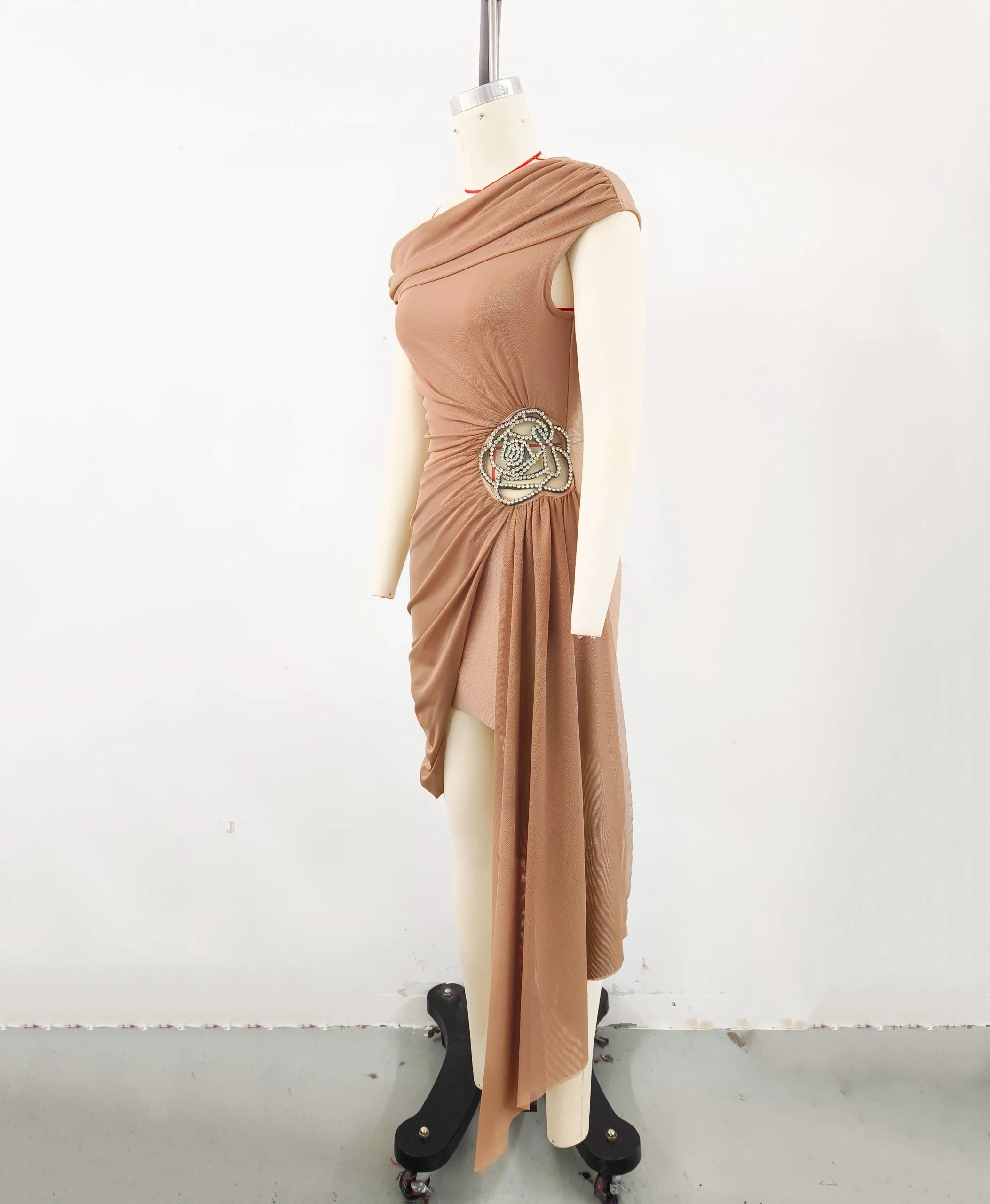Luxury Diamond Flower One Shoulder Draped Bodycon Bandage Mini Dress