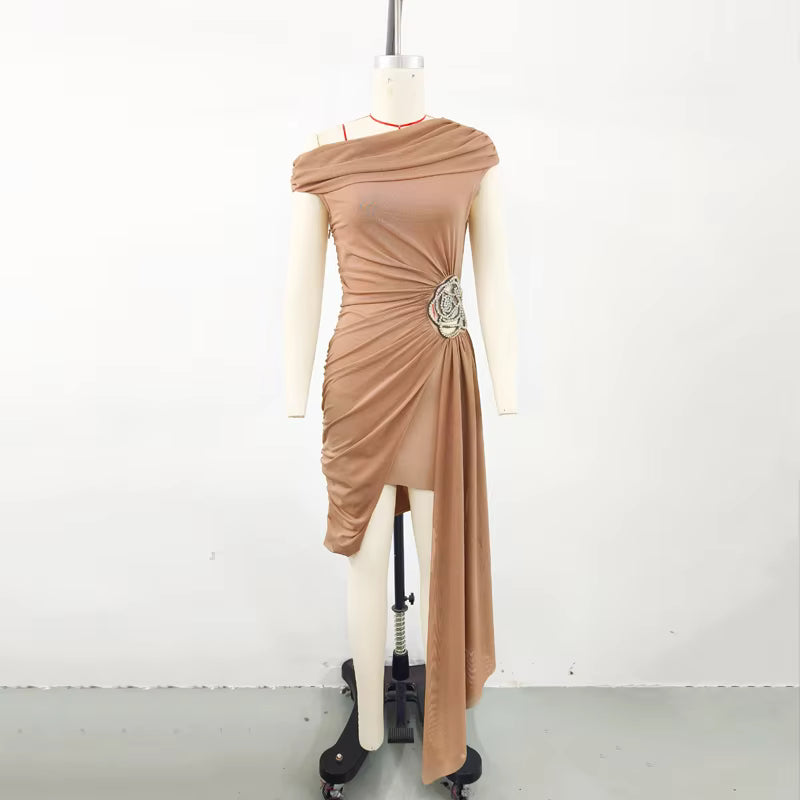Luxury Diamond Flower One Shoulder Draped Bodycon Bandage Mini Dress
