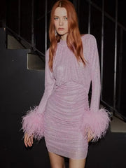 Luxury Diamonds Long Sleeves With Feather Slim Wrap Hips Party Prom Mini Dress