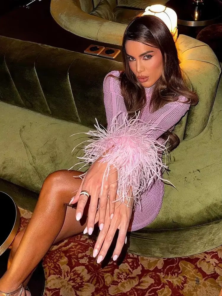 Luxury Diamonds Long Sleeves With Feather Slim Wrap Hips Party Prom Mini Dress