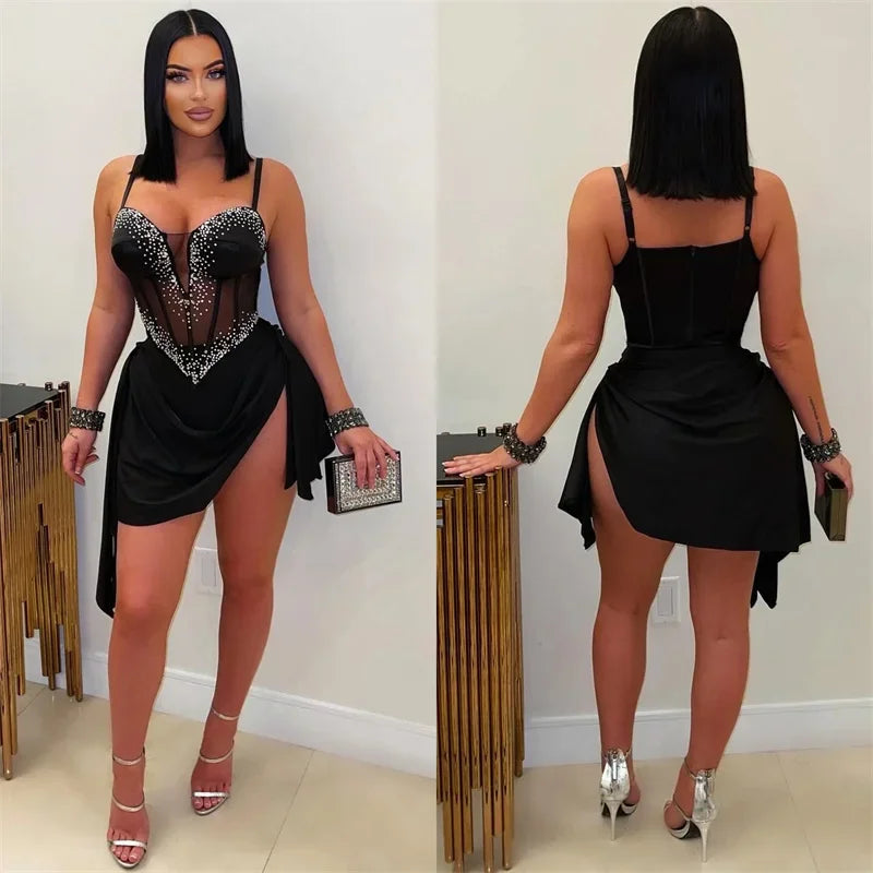 Luxury Diamonds Side Slit Ruched Night Club Party Short Dresses