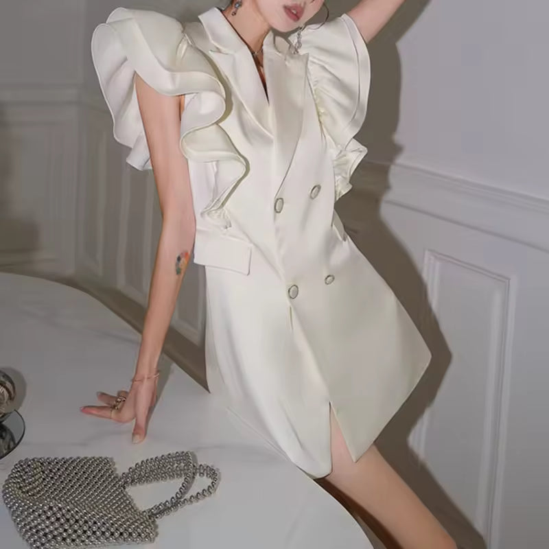 Luxury Double Breasted Petal Sleeve Flounce Blazers High Waist Slim Blazers Mini Dress