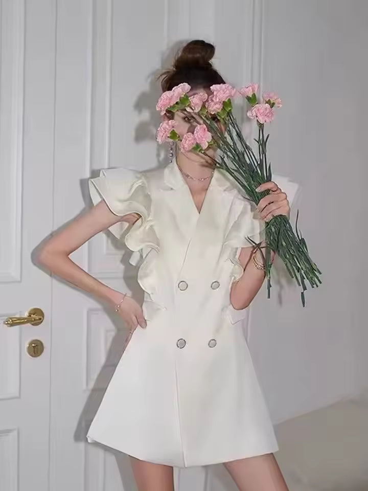 Luxury Double Breasted Petal Sleeve Flounce Blazers High Waist Slim Blazers Mini Dress