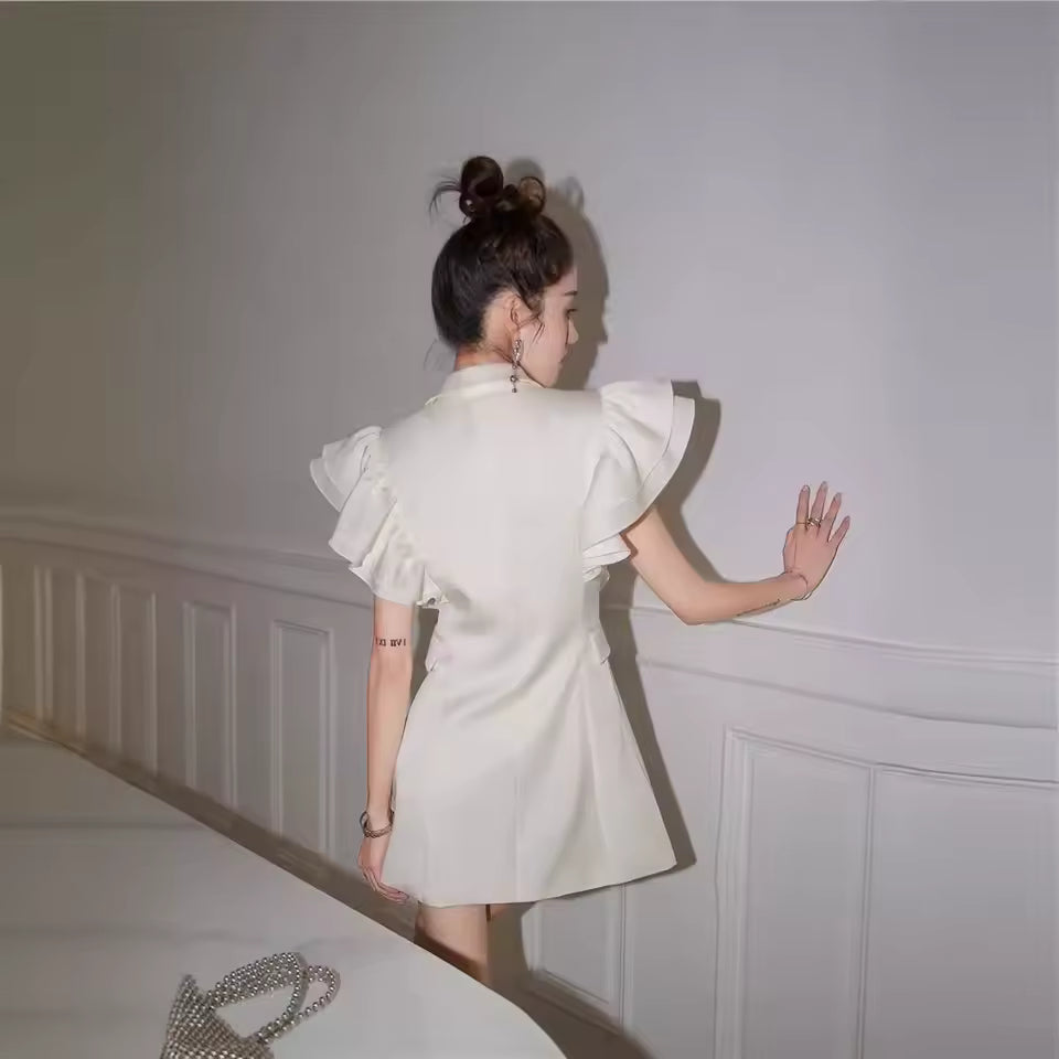 Luxury Double Breasted Petal Sleeve Flounce Blazers High Waist Slim Blazers Mini Dress